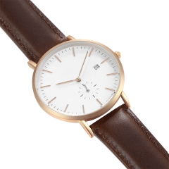 Rose Gold Case White Dial en acier inoxydable Montre bracelet en cuir masculin