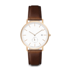 Rose Gold Case White Dial en acier inoxydable Montre bracelet en cuir masculin